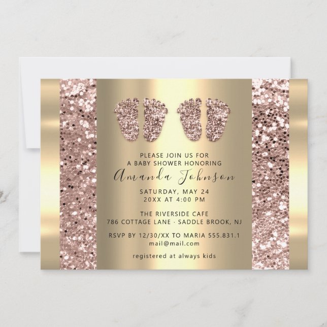 Invitation Jumeaux Baby shower Pieds Rose Parties scintillant (Devant)