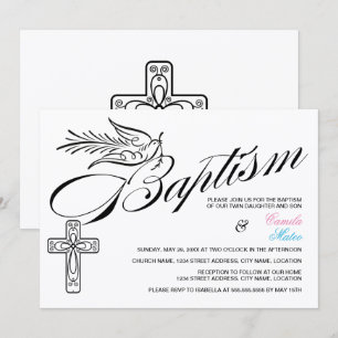 Invitation Jumeaux baptême croix et colombe Calligraphie