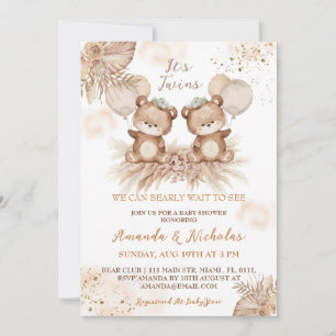 Invitation Jumeaux Cute Boho Ours Baby Shower