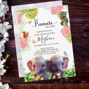 Invitation Jumeaux Eléphant Baby shower 2 cacahuètes dans un 