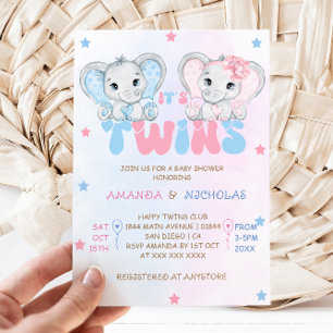 Invitation Jumeaux Éléphants Garçon Fille Baby Shower