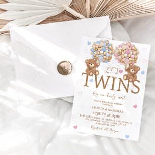 Invitation Jumeaux Fille Garçon Ours Ballons Baby Shower Rust