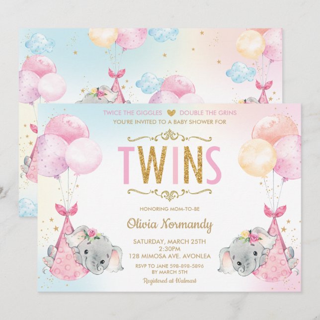 Invitation Jumeaux Filles Eléphant Baby shower Sprinkel (Devant / Derrière)