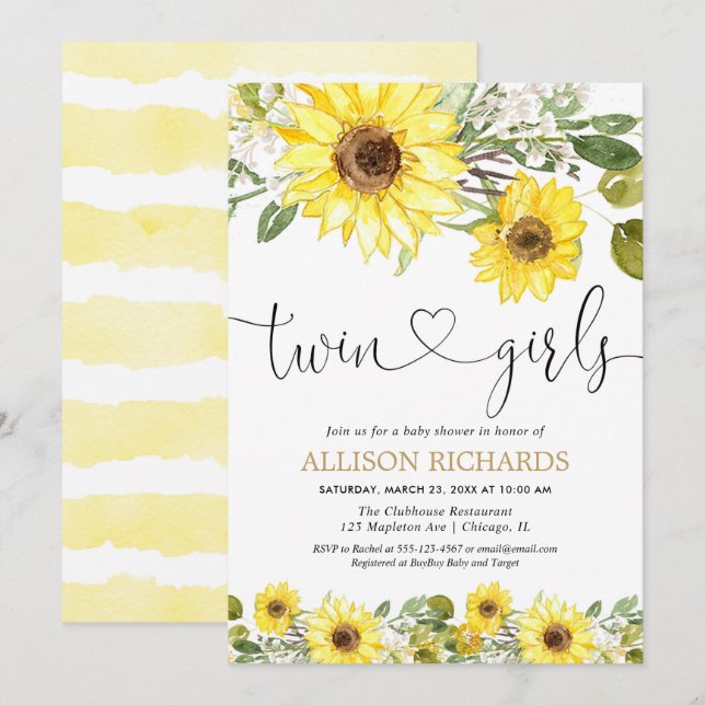 Invitation Jumeaux filles tournesol jaune baby shower de verd (Devant / Derrière)