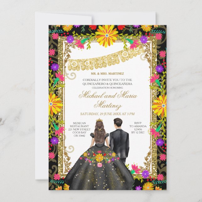 Invitation Jumeaux Fleurs Colorées Fiesta Mexicaine Quinceañe (Devant)