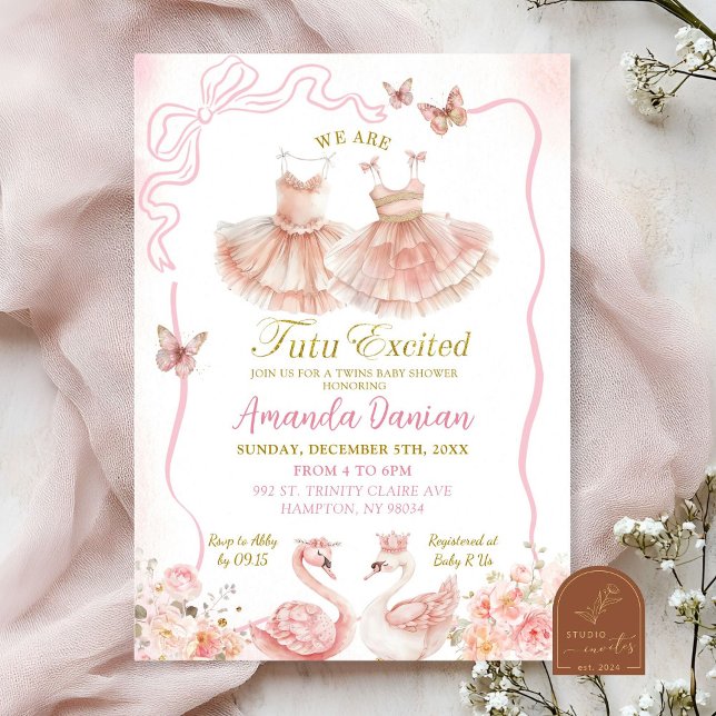 Invitation Jumeaux floraux rose Ballerina Tutu Baby Girl (Créateur téléchargé)