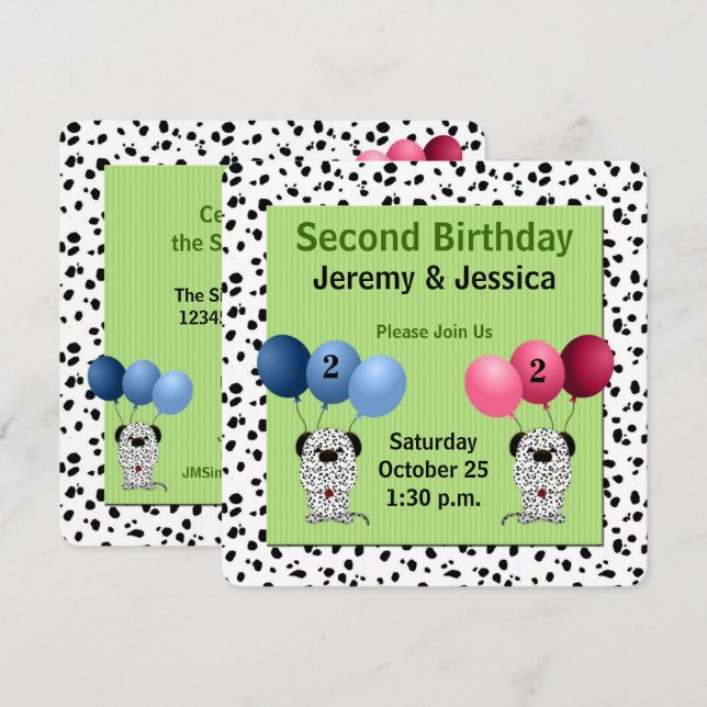 Invitation Jumeaux fraternel 2e anniversaire fête verte (Devant / Derrière)