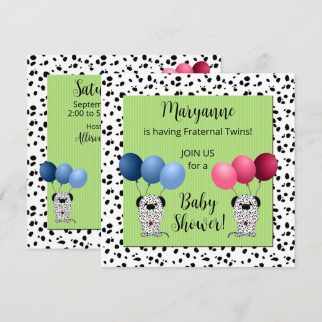 Invitation Jumeaux fraternel Dalmatiens Baby shower vert (Devant / Derrière)