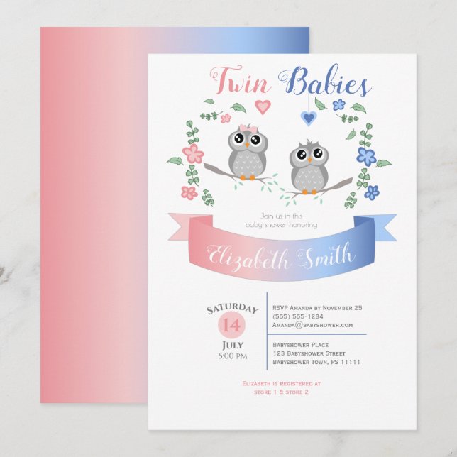 Invitation Jumeaux garçon et fille Chouettes bébés shower (Devant / Derrière)