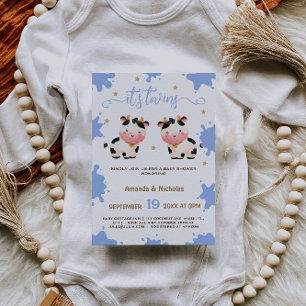 Invitation Jumeaux Garçons Vache Bleue Baby Shower Bohème