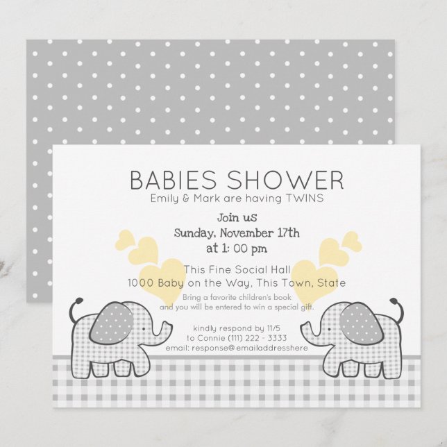 Invitation Jumeaux gris En vichy Baby shower (Devant / Derrière)