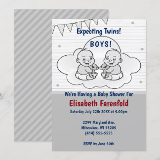 Invitation Jumeaux Jumeaux Baby shower nuage gris nuages