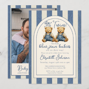 Invitation Jumeaux Ours en Peluche Photo QR Code Garçon Baby