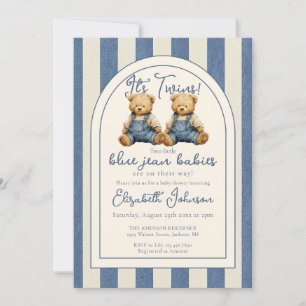 Invitation Jumeaux Ours en Teddy Blue Jean Code QR Baby Showe