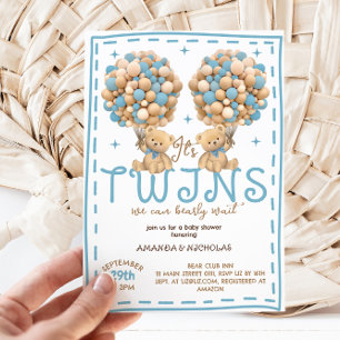 Invitation Jumeaux Ours Garçon Bleu Ballon Baby Shower