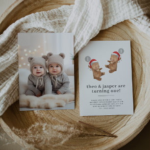 Invitation Jumeaux Ours portant un chapeau de Père Noël pour 