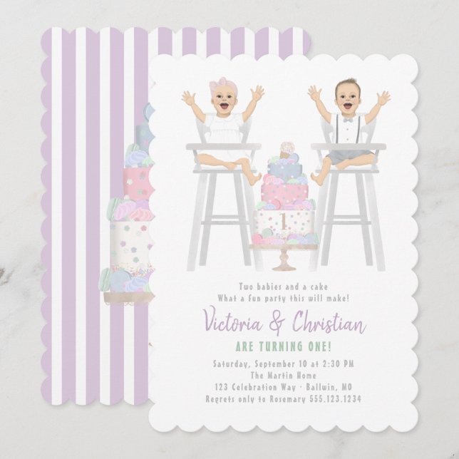 Invitation Jumeaux Premier Anniversaire Gâteau de mash (Devant / Derrière)