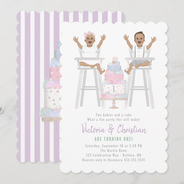 Invitation Jumeaux Premier Anniversaire Gâteau de mash (Devant / Derrière)