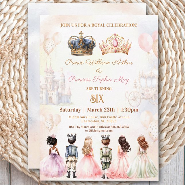 Invitation Jumeaux Prince Princess Crown Royal Anniversaire (Twins Prince Princess Crown Royal Birthday Invitation)