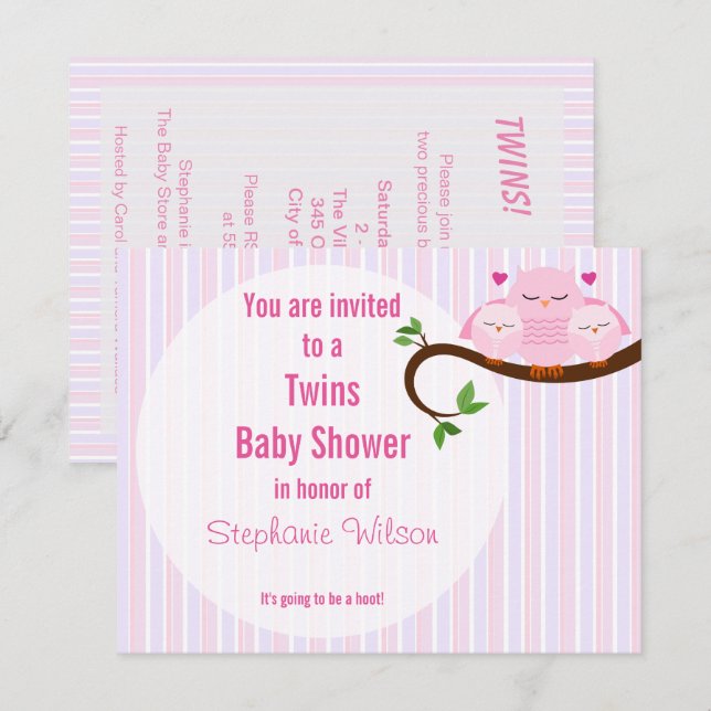 Invitation Jumeaux Roses Chouettes Un Baby shower (Devant / Derrière)
