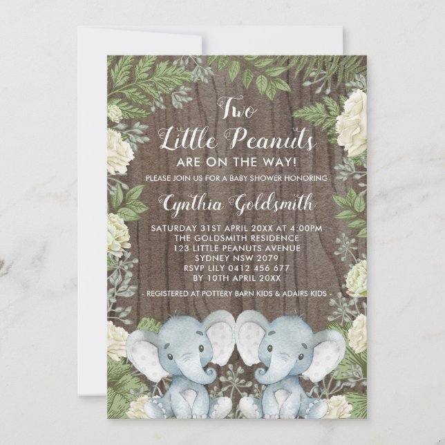 Invitation Jumeaux rustiques Elephant Baby shower de verdure  (Devant)