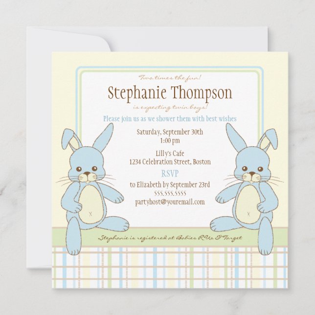 Invitation jumelle de baby shower de lapins de (Devant)
