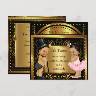 Invitation Jumelles Baby Shower Garçon et Fille Or Brunette