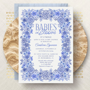 Invitation Jumelles Bébés en fleurs Fête prénatale bleue flor