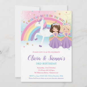 Invitation Jumelles Brune Blonde Princesses Licorne Anniversa