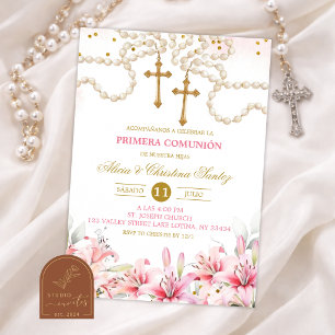 Invitation Jumelles Filles Rosaire Floral de Lys Rose Premièr