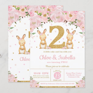 Invitation Jumelles jumelles Bunny Rabbit 2e anniversaire