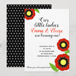 Invitation jumelles N'IMPORTE QUEL ÂGE coccinelle NAISSANCE P
