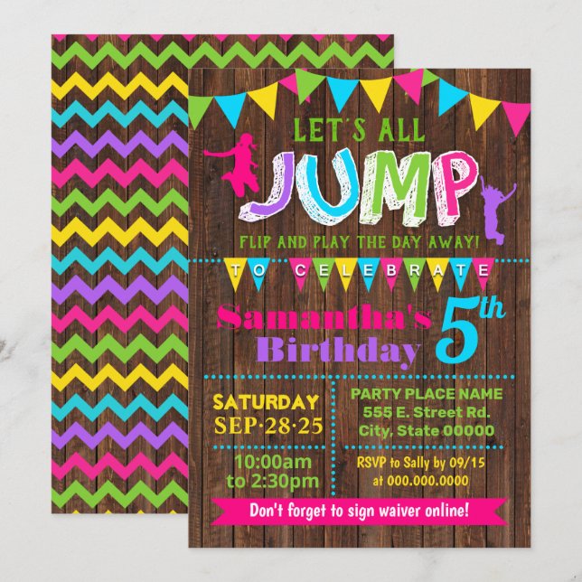 Invitation Jump anniversaire trampoline bonjour maison rose f (Devant / Derrière)