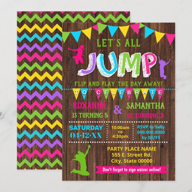 Invitation Jump anniversaire trampoline combiné rose (Devant / Derrière)