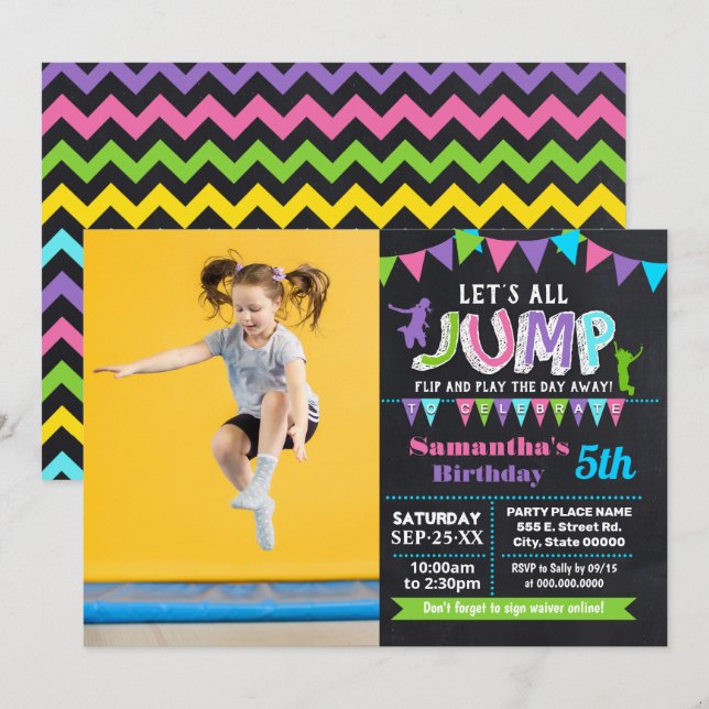 Invitation Jump anniversaire trampoline rose palkboard photo (Devant / Derrière)