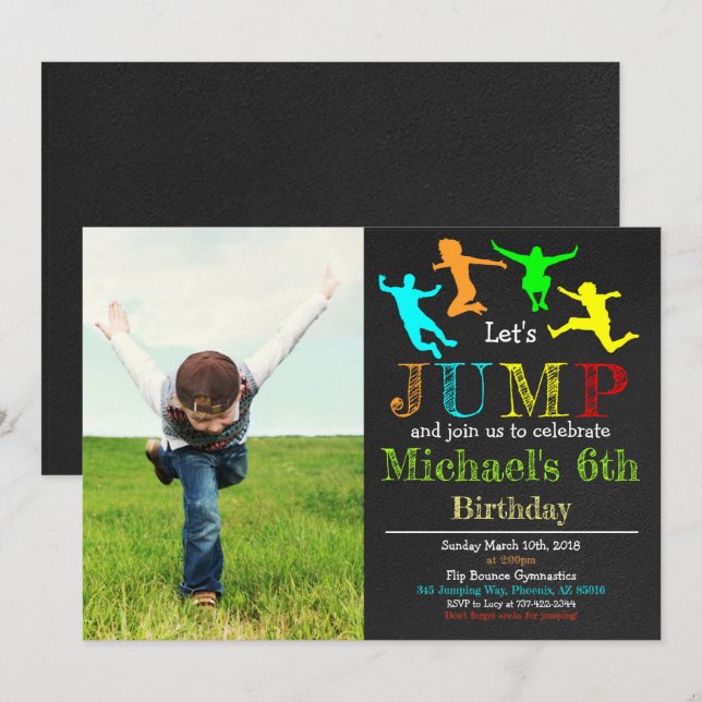 Invitation Jump Gymnastique Flip Chalkboard Garçon Anniversai (Devant / Derrière)