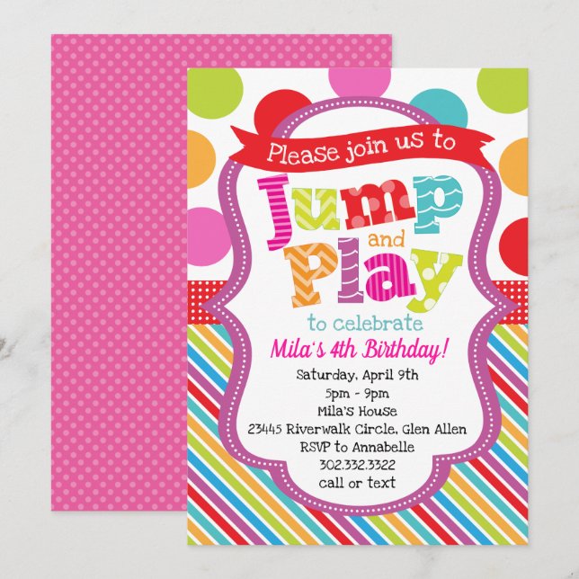 Invitation Jump & Play Polka Dot Strip Party (Devant / Derrière)