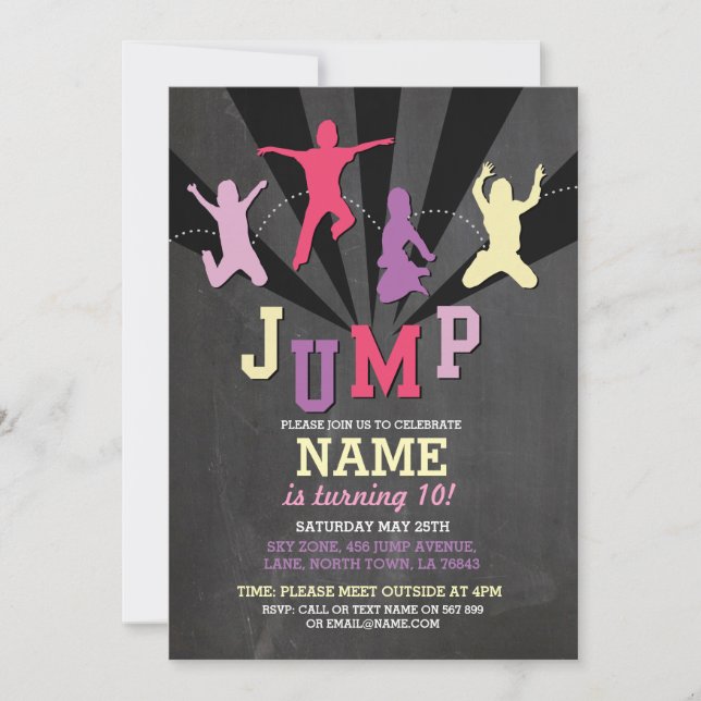 Invitation Jump Trampoline Anniversaire Fête Fille Rose Invit (Devant)