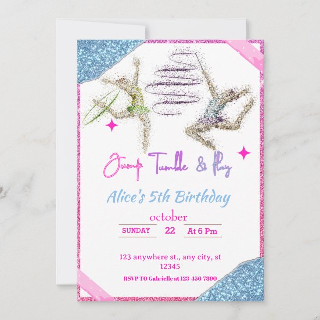 Invitation Jump Tumble & Jouer Gymnastique Thème Anniversaire (Devant)