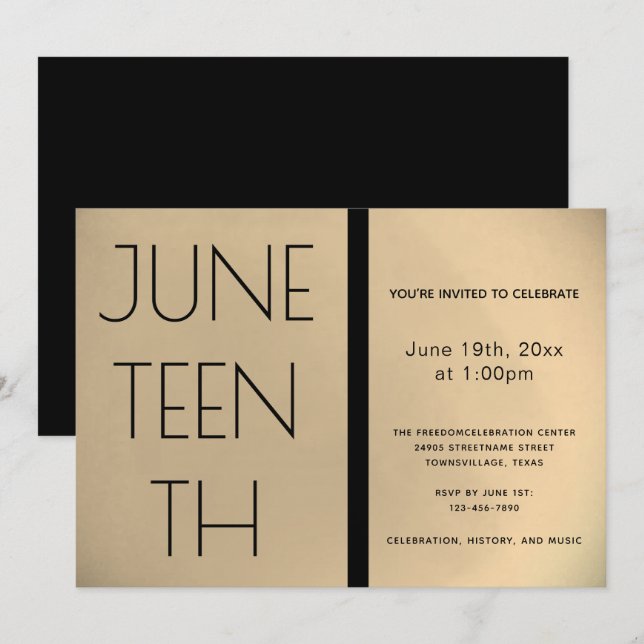 Invitation Junetten Gold Black Freedom Celebration (Devant / Derrière)