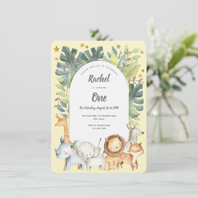 Invitation jungle 1er anniversaire, animaux de safari mignons (Debout devant)