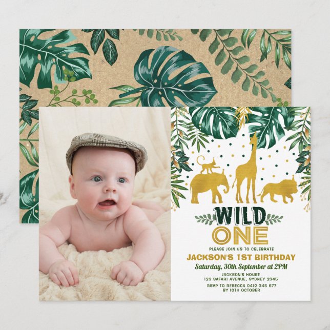 Invitation Jungle 1er anniversaire Wild One Safari Animation (Devant / Derrière)