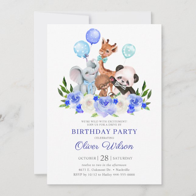 Invitation Jungle Animal Safari Boy Drive Par Anniversaire (Devant)
