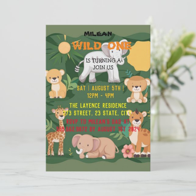 Invitation Jungle Animal Wild Un garçon 1er anniversaire (Debout devant)