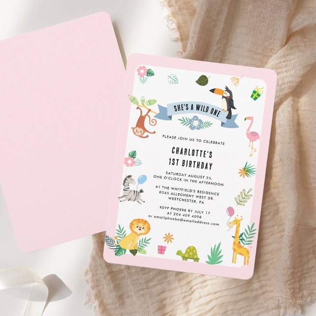 Invitation Jungle Animaux 1er anniversaire (1st Birthday Jungle Animals Theme Party Invitation)