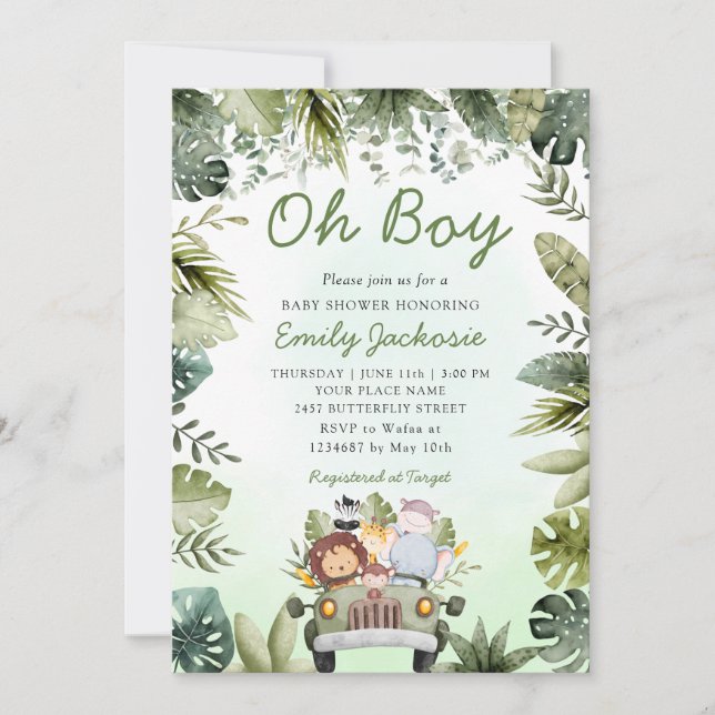 Invitation Jungle Animaux Baby shower Verdure Safari Garçon (Devant)