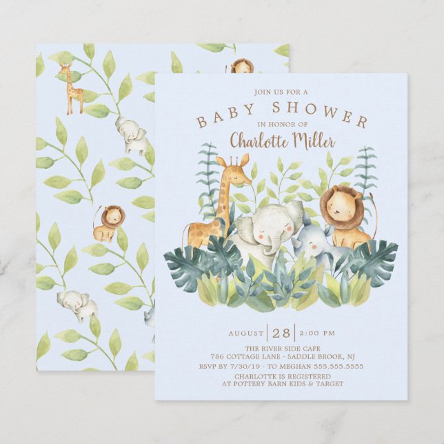 Invitation Jungle Animaux Baby showers garçons (Devant / Derrière)