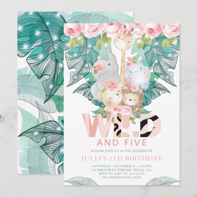 Invitation Jungle Animaux Fille Anniversaire mignonne (Devant / Derrière)