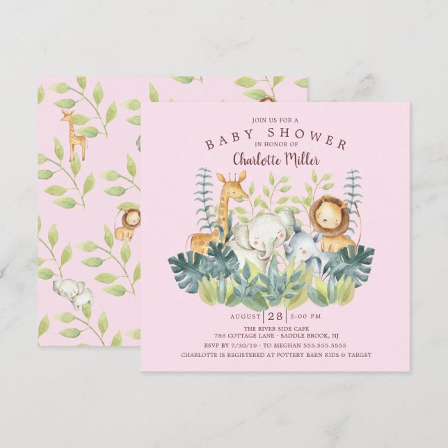 Invitation Jungle Animaux Filles Baby shower (Devant / Derrière)