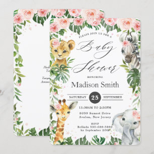 Invitation Jungle Animaux Floral Greenery Safari Baby shower